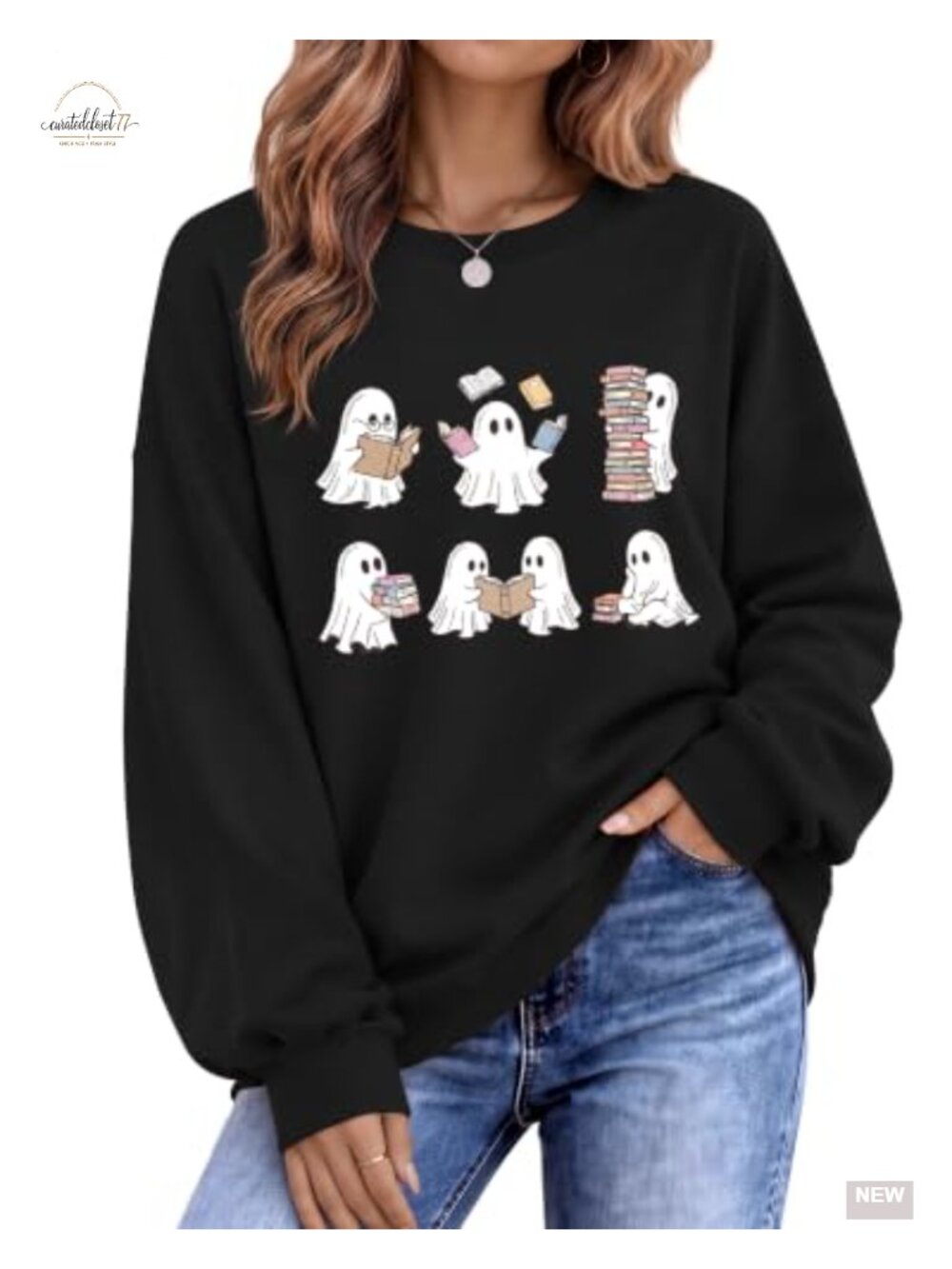 Womens Oversized Halloween Sweatshirt Long Sleeve Ghost Cat Crew Neck